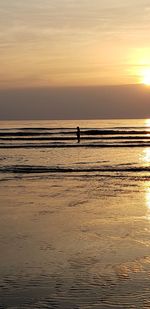 Silhouette person on beach against sky during sunset