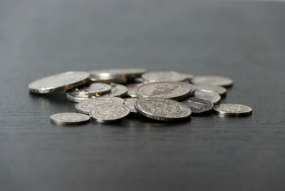 Close-up of coins on table