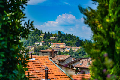 Townscape amidst trees against blue sky