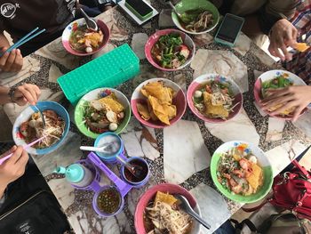 High angle view of people eating food