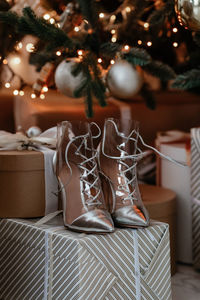 Close-up of christmas decorations on table