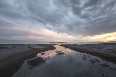 Scenic view of beach against sky during sunset