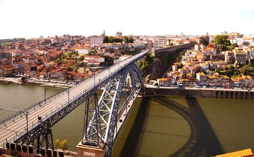 Bridge over river in city against clear sky