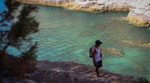 Rear view of man looking at sea