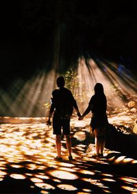 Rear view of couple holding hands standing in cave