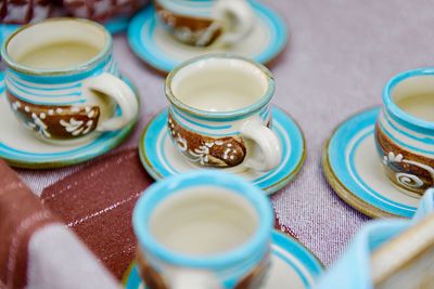 High angle view of dessert served on table