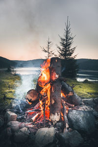 Bonfire on wooden log against sky