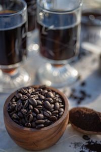 Still life with coffee beans, wooden spoon, making coffee at home