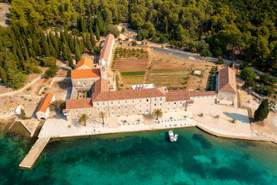 High angle view of swimming pool against building