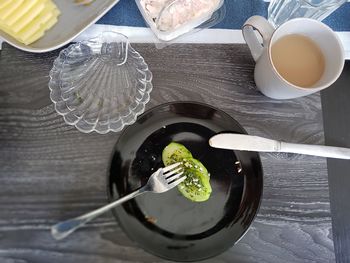 High angle view of tea in glass on table