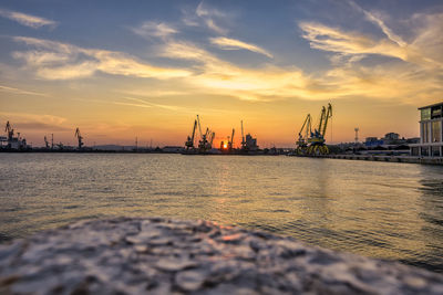 Sunset over the harbor in burgas city