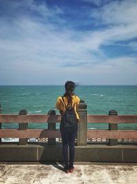 Rear view of man looking at sea against sky