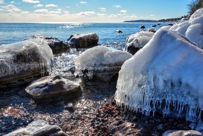 Ice covered rocks by sea against sky