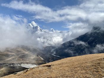 Scenic view of snowcapped mountains against sky