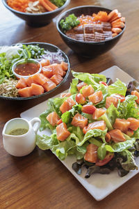 High angle view of meal served on table