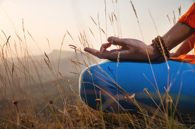 Close-up, woman's hand in the lotus position in the grass in the mountains, meditation and