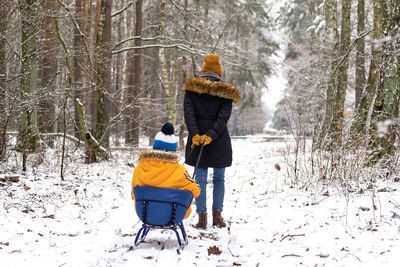 A woman is pulling a boy on a sled through the snow in the forest.