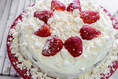 Close-up of strawberry cake on table