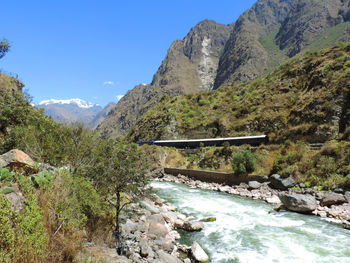 Scenic view of river amidst mountains against sky