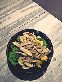 High angle view of food served on table