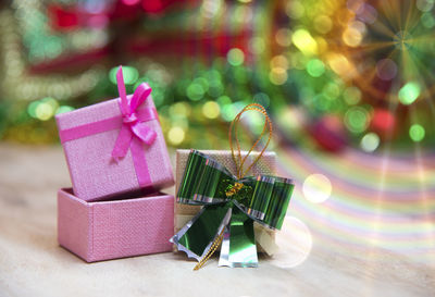 Close-up of christmas decorations on table