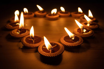 Close-up of illuminated candles on table