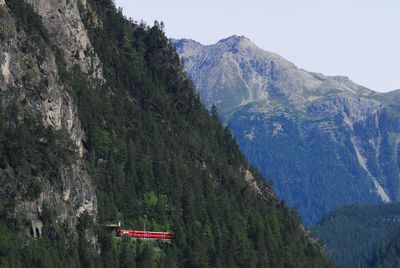 Train running in swiss countryside landscape