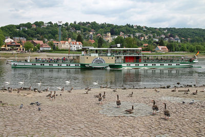 Boats in water against sky