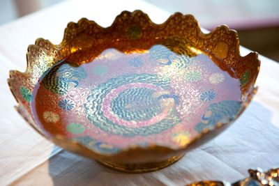 Close-up of human skull on table