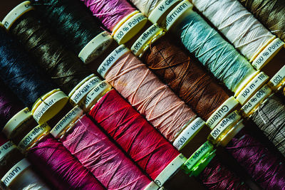 Full frame shot of colorful thread spools