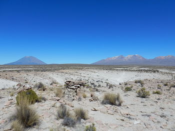 Scenic view of desert against clear blue sky