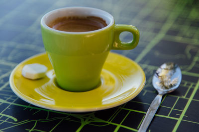 Close-up of coffee served on table