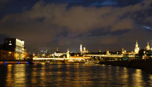 Night view of the moskva river and the city of moscow, tourist attractions. blurry view, bokeh.