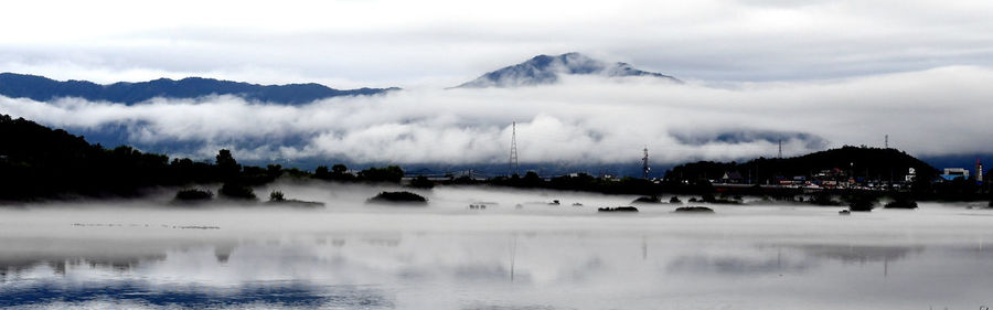 Panoramic view of lake and mountains against sky
