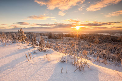 Snow covered landscape against sky during sunset