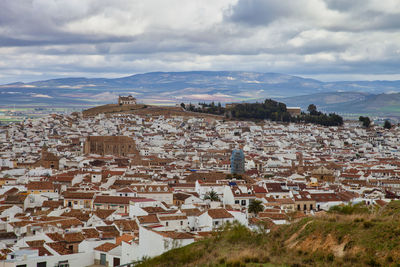 High angle shot of townscape against sky