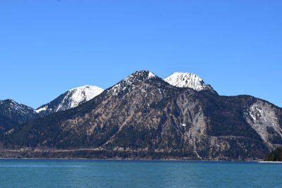 Scenic view of sea and mountains against clear blue sky