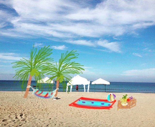 beach, sea, sand, shore, water, horizon over water, sky, palm tree, cloud - sky, vacations, tranquility, cloud, tranquil scene, beach umbrella, lounge chair, nature, beauty in nature, scenics, tree, summer