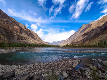 Scenic view of lake and mountains against sky