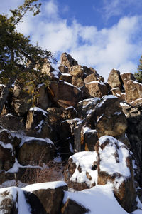 Rocks and trees against sky during winter