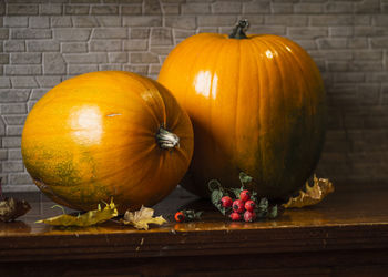 Close-up of pumpkins on table