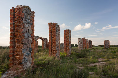 Old ruined building on field against sky