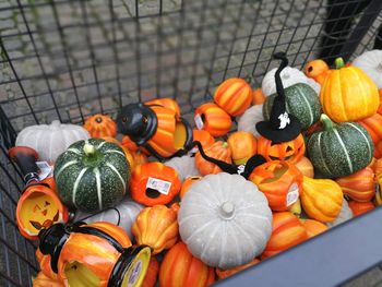 High angle view of orange pumpkins in market