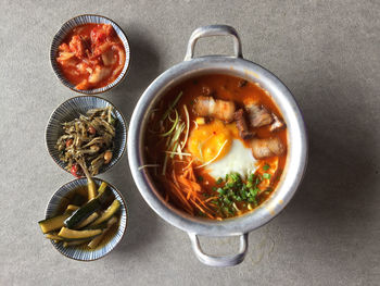 High angle view of soup in bowl