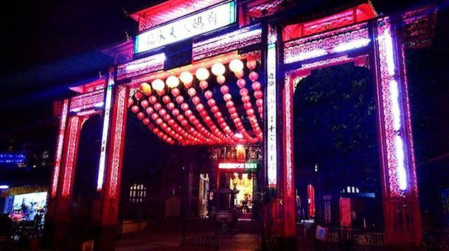 illuminated, night, architecture, built structure, building exterior, text, western script, low angle view, red, non-western script, communication, city, lighting equipment, street, no people, outdoors, multi colored, lantern, building, neon