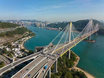 Aerial view of suspension bridge over bay