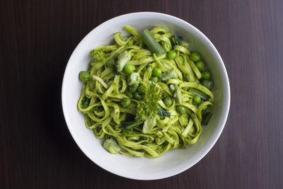 High angle view of salad in bowl on table