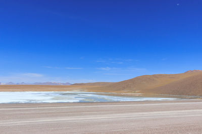 Scenic view of beach against blue sky