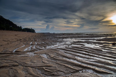 Scenic view of beach against sky during sunset