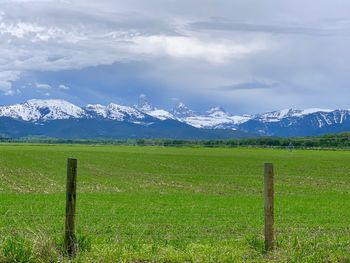 Scenic view of field and mountains against sky